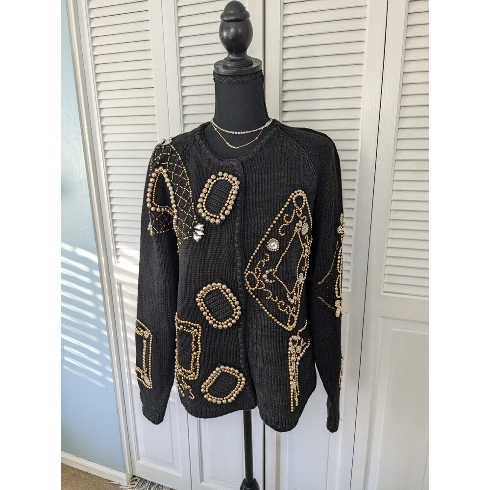 Victoria Harbour Vtg Sweater Womens M Black Gold Embellished Beading Retro Glam